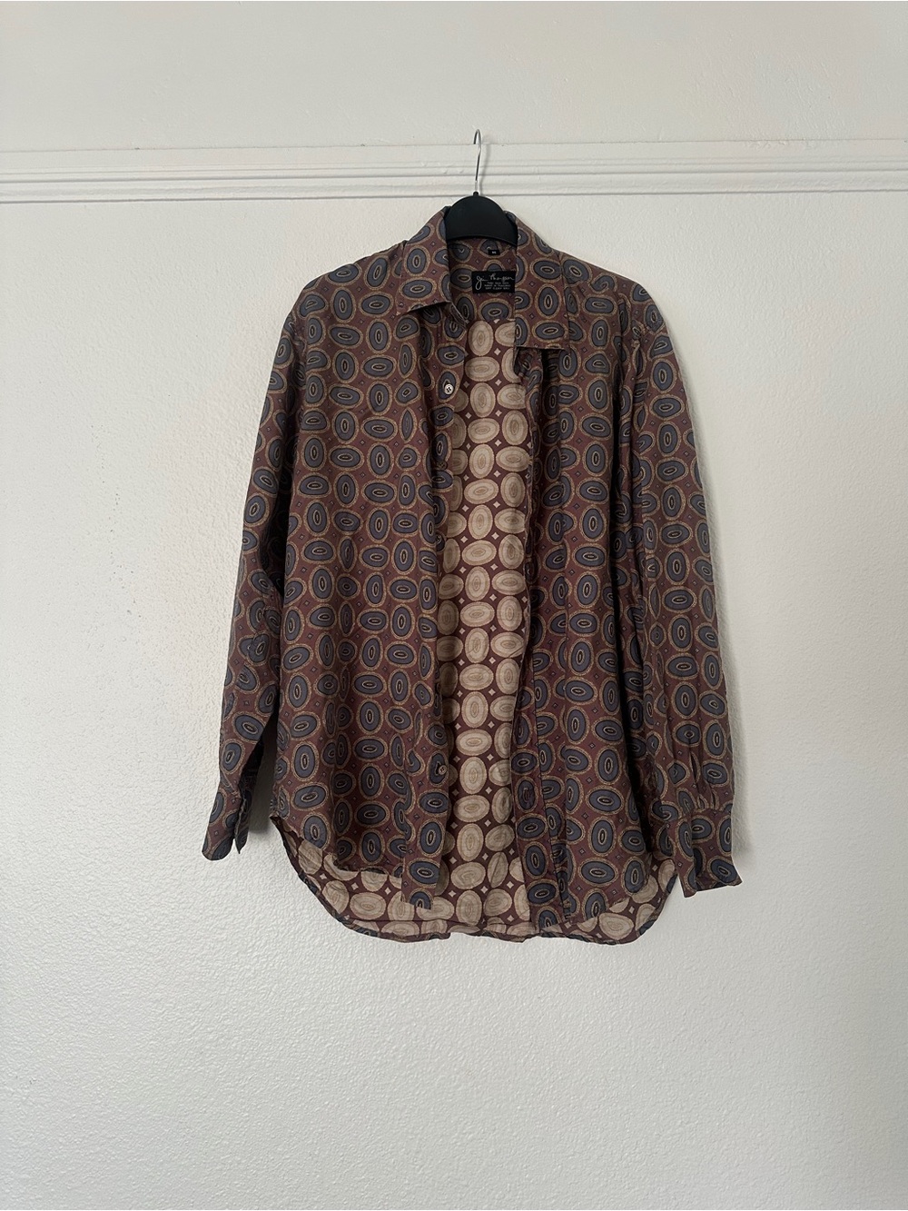 90s Thai silk unisex button down vintage purple blue pattern button down shirt